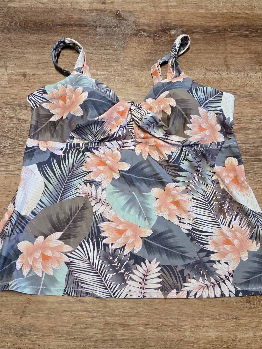 Raisins Curvy Peach Teal Green Floral Twist-Front Tankini Top 18W